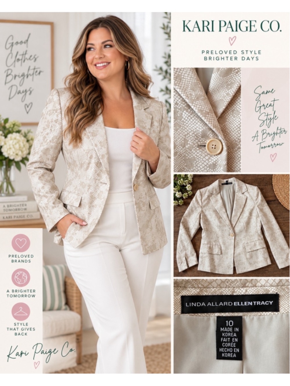 Women's Linda Allard Ellen Tracy Blazer Size 10 Beige White Snake Print F26